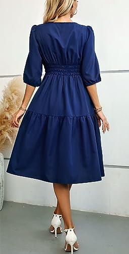 Image of Kormei Women Casual Boho Floral Round Neck 3 /4 Sleeve Smocked Waist Tiered A Line Flowy Swing Midi Dress Long Dresses