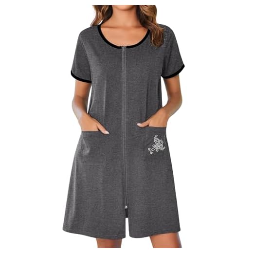Ekouaer Women Zipper Front House Coat Short Sleeves Robe Zip up Bathrobes Short Nightgown with Pockets