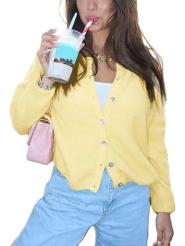 Image of Women Button Down Cardigan Long Sleeve Crewneck Sweater Vintage Lightweight Knit Jacket Fall Going Out Top
