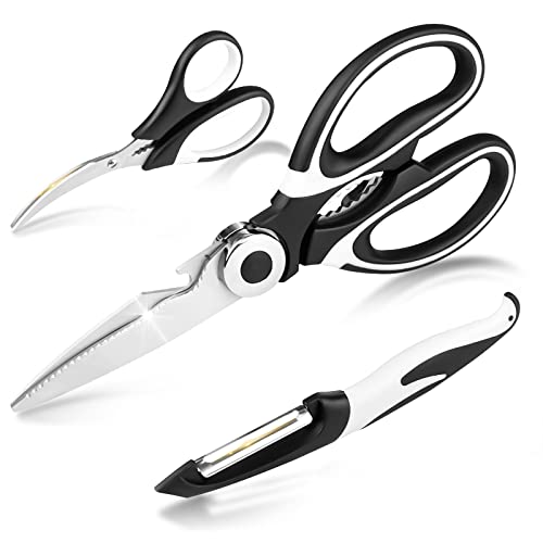 Fousenuk 3 piezas Tijeras Cocina, Tijeras de Cocina de Acero Inoxidable con Funda Tijera Profesionales con Abridor de Botellas Incorporado, para Carne, Pollo, Hueso, Verduras, Pescado, Aves
