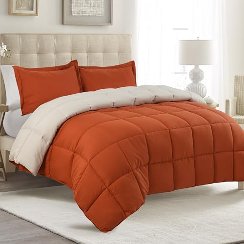 HIG 3 Pieces Terracotta Reversible Coverless Duvet Double - 200 x 200cm - OEKO-TEX Certified - 10.5 Tog Duvet with Corner Tabs - Down Alternative Comforter with 2 Shams - Machine Washable