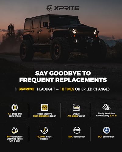 Image of Xprite 1200% Brighter LED Headlights for 1997-2018 Jeep Wrangler JK TJ LJ | 4 in 1 Lighting Mode, Anti Flicker, Z-Shaped, IP67 Waterproof, DOT Approved, Plug N Play