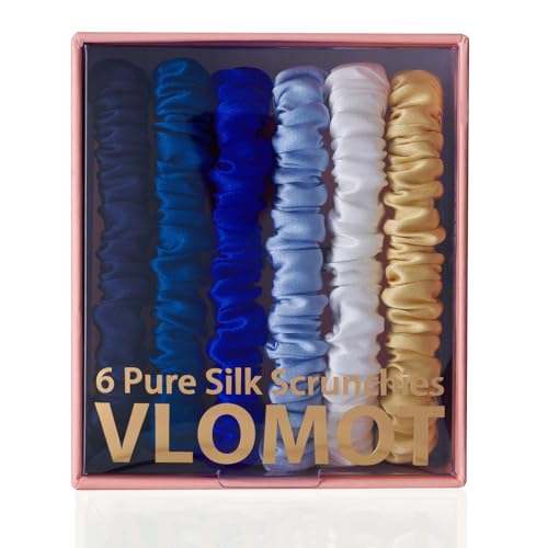 Image of VLOMOT 6 Pcs Set 100% Pure Mulberry Silk Hair Scrunchies Hair Ties with 6 Chic Colors Everyday Skinny Scrunchies Silk Ponytail Holders Hair Care No Damage (Blue)