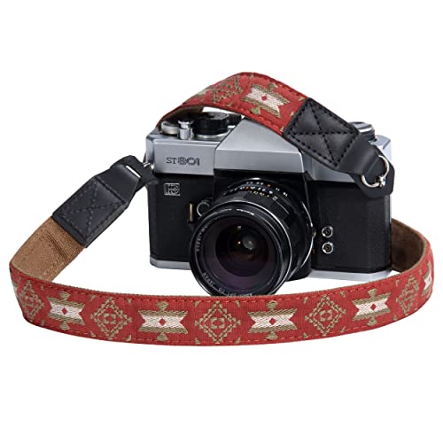Padwa Camera Strap - 1" Pure Cotton Embroidered Woven Straps With Full Grain Cowhide Head, Camera Neck Shoulder Strap For Micro Single And Small Digital Cameras,Gift For Photographers(Vintage Red) #TOP17