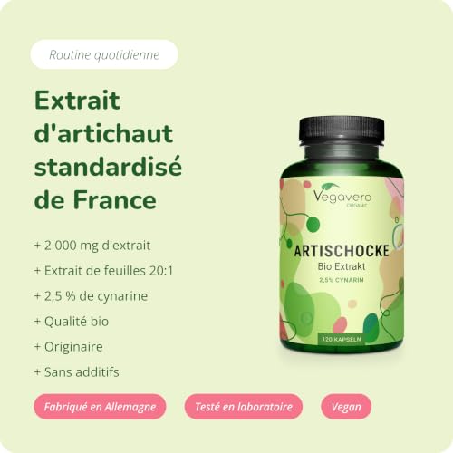 Artichaut BIO | Origine FRANCE | 2000 mg (extrait 20:1) | 2,5% Cynarine | Sans Additifs | Testé en Laboratoire | 120 gélules | Artichoke Extract | Vegavero® – vue 2