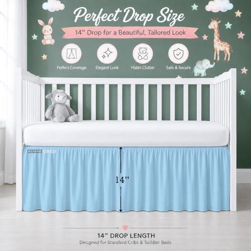 Image of Cotton Crib Bed Skirt Dust Ruffle with Split Corners, 14 inch Drop, Light Blue | Nursery Standard Crib Bedding Bed Skirt for Baby Boys and Baby Girls. Hides Under-Crib Storage for a Neat Appearance