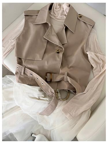 WDIRARA Women's Khaki Sleeveless Cropped Trench Coat with Belted Lapel – Small & Stylish - Image 5