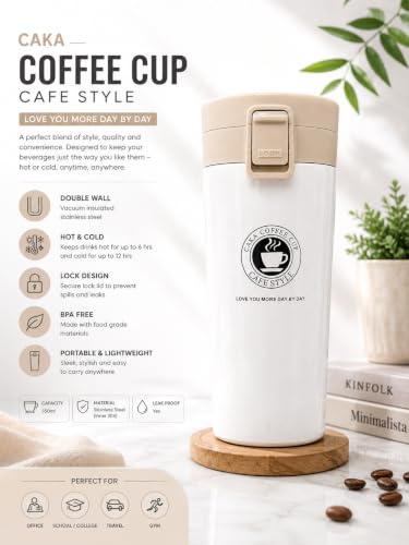 Image of 350ml Stainless Steel Travel Coffee Mug - Double Wall Vacuum Insulated Thermal Tumbler with Leakproof Flip Lid | Hot & Cold Coffee Cup for Office, Travel & Car (White)