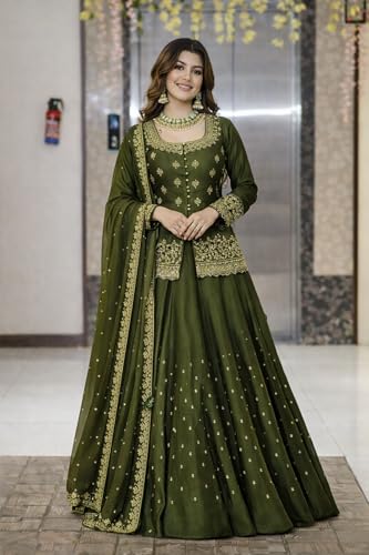 Image of Suppar Sleave Women's Chanderi Silk Embroidered Kurta Set with Lehenga Style Bottom & Dupatta | Bollywood Style Embroidery lehenga Choli Set For Woman