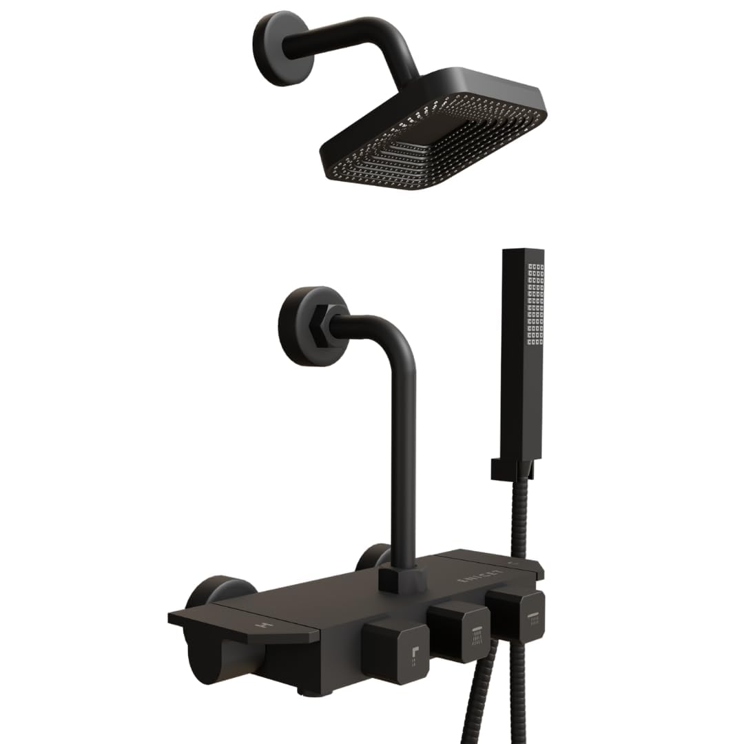 ENICET Wall Mixer for Bathroom 3 in 1 - With Shower & Hand Shower - Heavy Metal Build with Storage Space for Essentials - 190mm L Bend Provision for Shower - Modern Design - Matte Black (PIANO122OSHS)