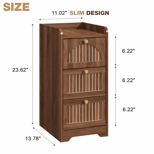 Image of 11.02 inch Narrow Nightstand Set of 2, Fluted Slim Bedside Table with 2 Drawers, Mid Century Modern Small End Table with Gold Metal Handles, for Bedroom, Living Room & Small Spaces - Walnut