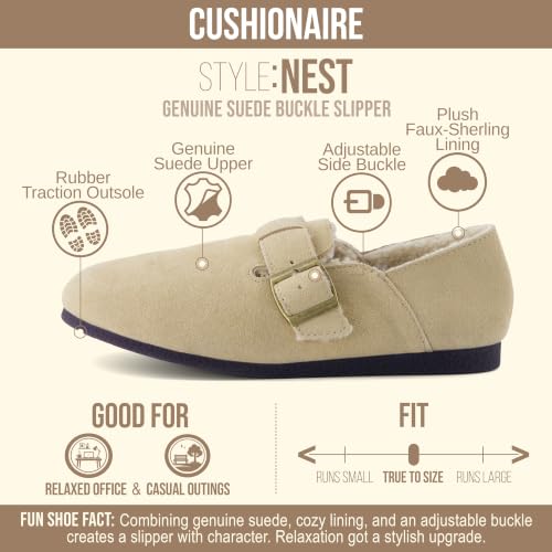 Image of CUSHIONAIRE Women's Nest Genuine Suede Slip-On Shoe with Faux Shearling Lining & Memory Foam | Adjustable Buckle & Non-Slip Sole