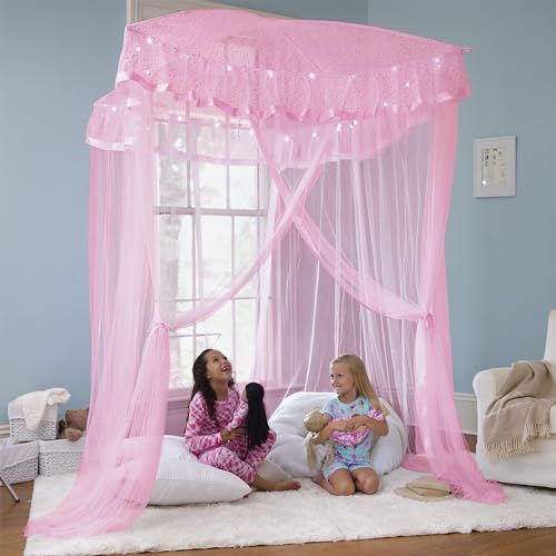 HearthSong Sparkling Lights Light-Up Bed Canopy for Twin, Full, or Queen Beds, 58" L x 50" W. Pink