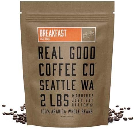 Real Good Coffee Company Whole Bean Light Roast Coffee - Breakfast Blend Light Roast Coffee Beans - Fresh Roasted Brew with Citrus & Chocolate Notes - 32 Oz