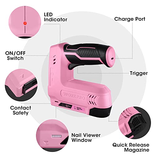 Workpro 3.6V Power Electric Cordless 2-In-1 Staple And Nail Gun, 2.0Ah Battery Powered Stapler For Upholstery, Carpentry, Crafts, Diy, Including Usb Charger Cable, 2000Pcs Of Staples And Nails, Pink #TOP1
