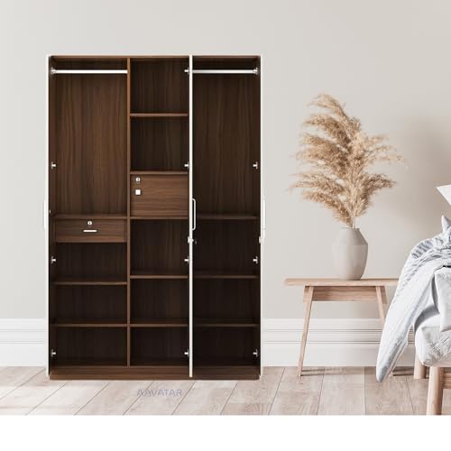 Image of AAVATAR 3-Door Engineered Wood Wardrobe with Shelves, Mirror and Locker Drawer for Bedroom, White, 75 x 44 x 19 Inch