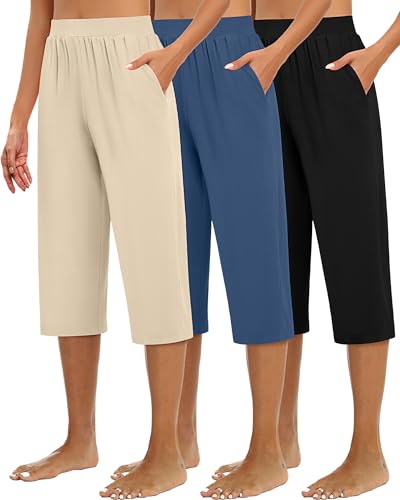 Huukeay 3 Pack Womens Capri Sweatpants Cozy Wide Legs Cropped Capri with Pockets Lounge Jogger Pants Workout Yoga Solid(Medium Black Denim Blue Apricot)