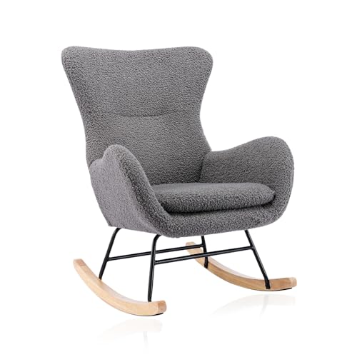 Image of FENFSHE Nursery Rocking Chair with High Backrest and Armrests, Teddy Velvet Upholstered Baby Rocking Chair for Baby Nursery,Living Room,Bedroom (Grey)