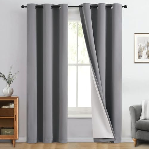 Image of Yakamok Grey 100% Blackout Curtain Panels 84 inches, 40 inch Wide, 2 Panels | Blackout Curtain Panels for Bedroom, 2 Thick Layers Grommet Top Thermal Insulated Drapes with White Back for Living Room