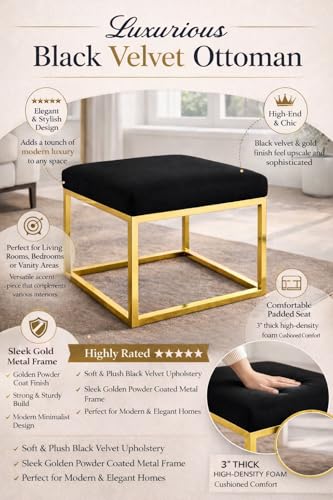 Image of Square Metal Ottoman /Sitting Stool /Living Room Furniture /Office, Velvet Footstool /Footrest Pouffes Home Decor (Black) - 30.48 Cm, 38 Cm