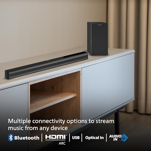 Image of Philips TAB4329 Soundbar: 2.1 CH 100W Wired Subwoofer, Deep Bass Effect - Bluetooth, HDMI ARC & Multiple Connectivity