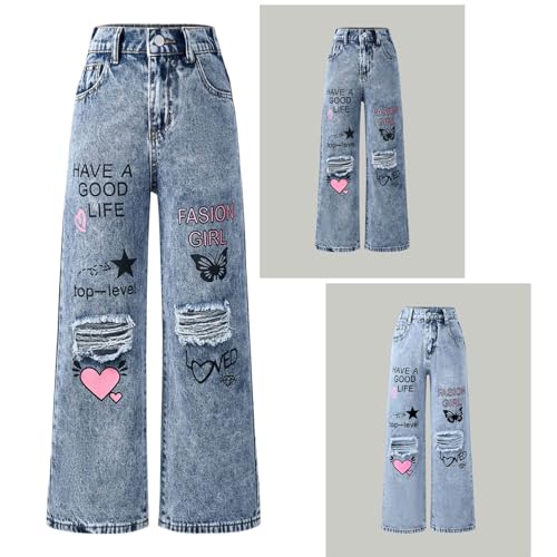 Aislor Kids Girls Letter Printed Ripped Jeans Wide Leg Baggy Denim Pants Casual Elastic Waist Y2K Trousers with Pockets4