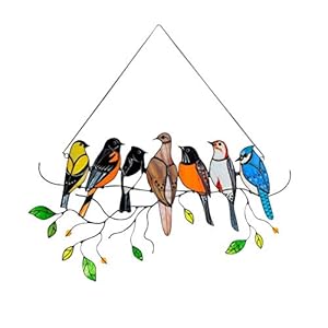 JKKJ Veelkleurige vogels hoog gebrandschilderd glas zonnevanger raampaneel, vogel serie ornamenten hanger woondecoratie…