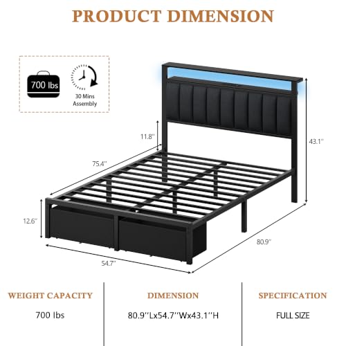 Image of Furnulem Full Size Bed Frame with Storage Drawers and Upholstered Headboard