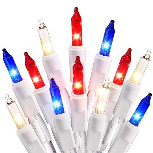 Dirnun 4th of July Decorations Patriotic Lights 100 Count Mini Red White Blue Incandescent Bulb Plug in Independence Day Lights for Indoor Outdoor Home Garden Patriotic Theme Memorial Day Decorations