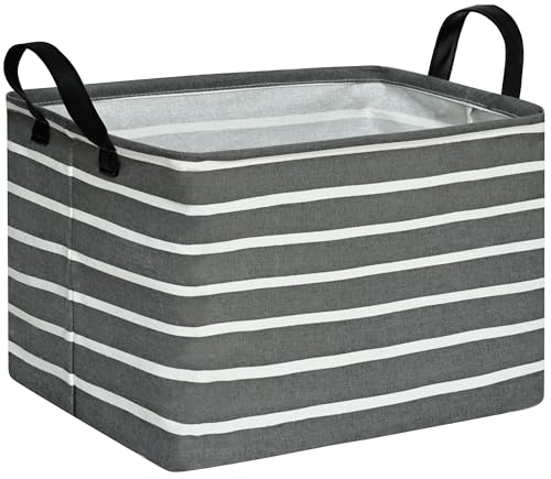 HUAYEE Rectangular Storage Bin Shelf Basket Canvas Fabric Toy Box,Waterproof Coating Nursery Hamper with Handles,Gift Basket for Home,Office,ClothesBooks(REC Gray stripe)
