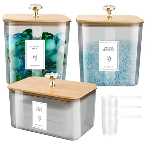 XMBecc Set of 3 Laundry Room Organization-Laundry Containers Includes 2 Laundry Pod Containers and Dryer Sheet Holder with Seal Lids,3 Scoops & 27 Labels for Powder,Pods,Detergent,Scent Booster