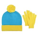 FONYFA Halloween Character Cosplay Headwear and Gloves,Cartman Knit Pom Beanie Hat, Halloween Custume Winter Hat Set for Adult (blue and yellow)