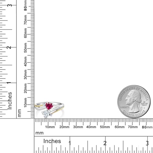 925 Silver and 10K Yellow Gold Gemstone Birthstone White Moissanite and Accent Lab Grown Diamond 2-Heart Promise Ring | Heart Shape 5MM | Round 1.3MM | Two-Tone Couple Engagement Mother Ring4