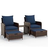 UDPATIO Balcony Furniture Patio Chairs with Hidden Ottoman 5 Piece Patio Furniture Set with Side Table for Front Porch, Blue Cushion