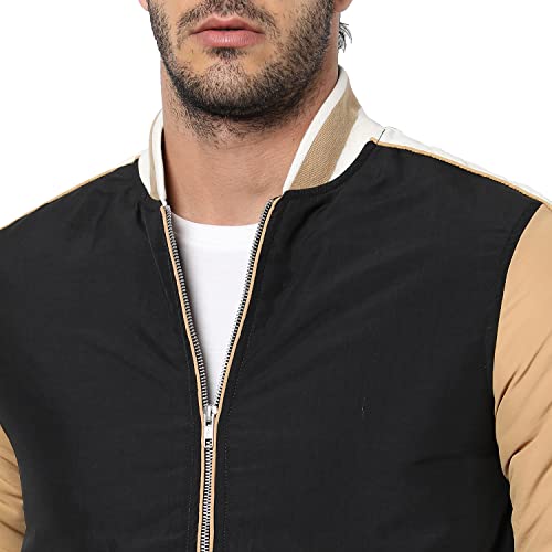 Image of Campus Sutra Men's Tan & Black Colour-Blocked Puffer Regular Fit Bomber Jacket For Winter Wear | Low-Cut Standing Collar | Full Sleeve | Zipper | Casual Jacket For Man | Western Stylish Jacket For Men