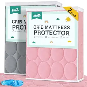 Crib Mattress Protector Sheets Waterproof 2 Pack, Quilted Crib Mattress Pad Cover Fitted Fits for Baby Toddler Bed Mattress, Grey & Pink, 52” x 28”