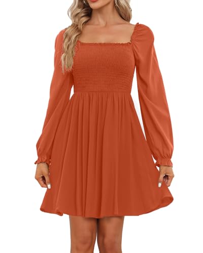 Image of Holipick Women's Casual Square Neck Smocked Dress Shirred Ruffle Puff Sleeve High Waist Cute Flowy A-Line Short Dress