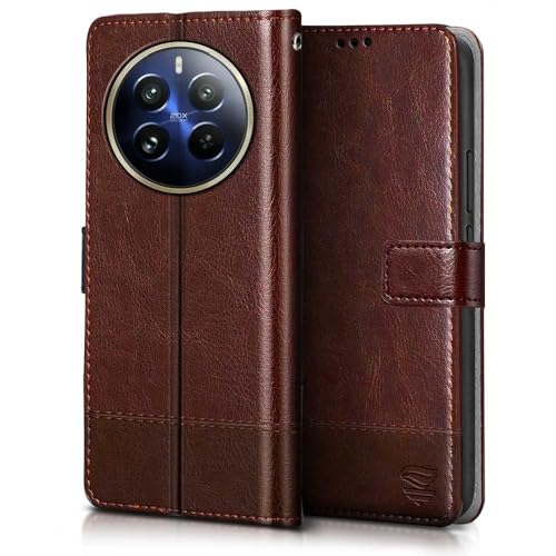 Image of Flipped Vegan Leather Flip Case Back Cover for Realme 12 Pro 5G | Realme 12 Pro Plus 5G (Flexible, Shock Proof | Hand Stitched Leather Finish | Card Pockets Wallet & Stand | Tan with Brown)