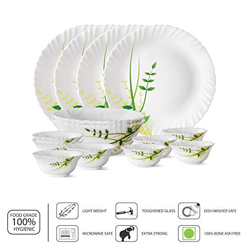 Image of Larah by Borosil Opalware Dinner Set Microwave & Dishwasher Safe | Bone-Ash Free | Crockery Set for Dining & Gifting | Plates & Bowls (Green Herbs, 14pc)
