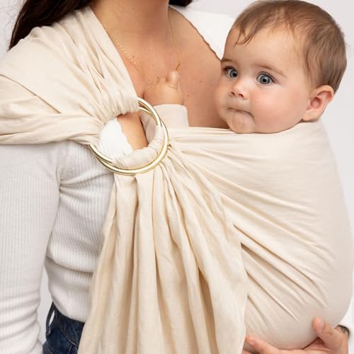 Image of WildBird - Ring Sling Baby Carrier - 0-36 Months (up to 35 lbs) - Long (90 inch) Sparrow & Gold Ring - Front, Hip or Back Carry - Adjustable Fit - Natural Linen - Baby Essentials - New Mom Gifts