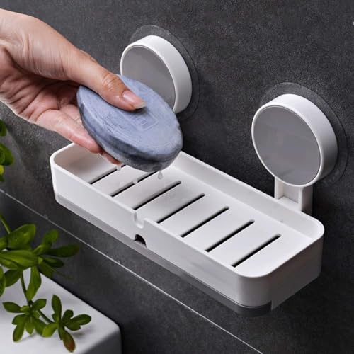 Image of SHALVI Plastic Wall Mounted Self Adhesive Toothbrush Holder with Soap Holder | Brush Holder | Soap Box for Bathroom | Plastic Toothbrush Holder, White
