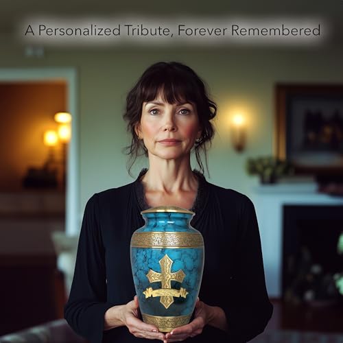 Image of Blue Cross Cremation Urn for Ashes Adult Male - Personalized Cremation Urns for Human Ashes Adult Man Decorative Urns - Beautifully Handcrafted Cross Urn