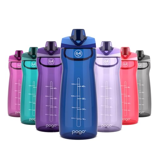 Image of Pogo 64oz Plastic Water Bottle with Leak-Proof Chug Lid and Carry Handle, Reusable, BPA Free, Capacity Markings, Dishwasher Safe, Perfect for Travel, School, Outdoors, and Gym, Blue