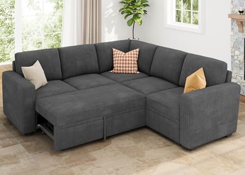 HONBAY Modular Sectional Sleeper Sofa with Pull Out Bed Corduroy L Shaped Couch with Storage Seats Convertible Sectional Couches for Living Room Dark Grey