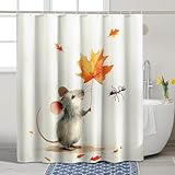 Duschvorhang mit Herbstmaus, Aquarell, grau/beige, Maus, Duschvorhang für Badezimmer, saisonal, niedlich, modern, minimalistisch, wasserdicht, Stoff-Duschvorhang-Set mit Haken, 157 x 183 cm