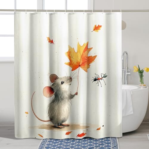 Duschvorhang mit Herbstmaus, Aquarell, grau/beige, Maus, Duschvorhang für Badezimmer, saisonal, niedlich, modern, minimalistisch, wasserdicht, Stoff-Duschvorhang-Set mit Haken, 157 x 183 cm