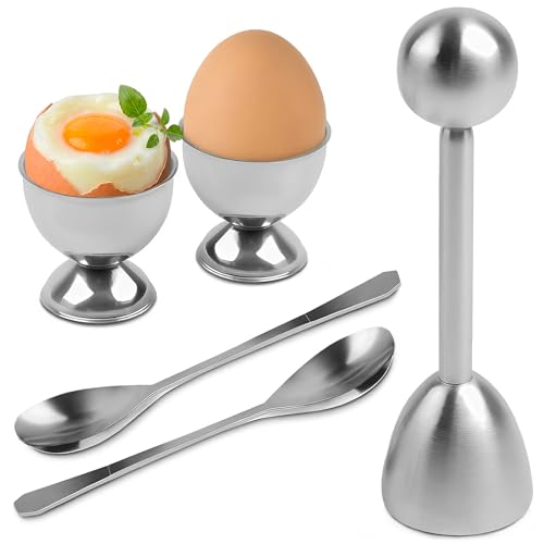 Egg Shell Opener Set – 2 Pcs Egg Cups for Soft Boiled Eggs & 2 Pcs Spoons, Rust-Resistant...