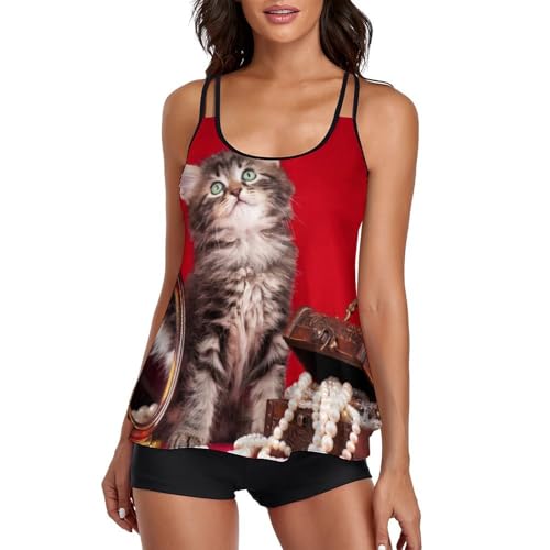 Tankini avec short de garçon pour femme et robe de plage imprimé chat chic