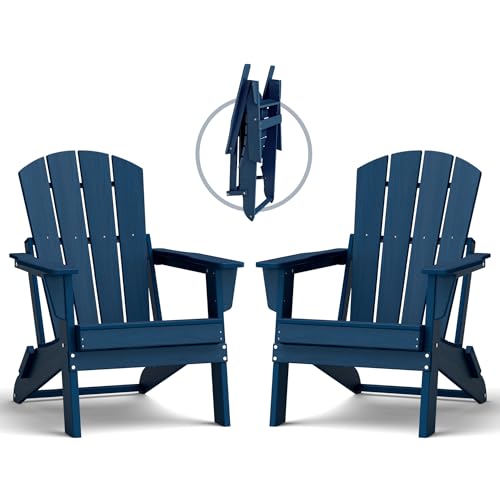 Image of Folding Adirondack Chair Set of 2, Lightweight - Portable HDPE Patio Chair, All-Weather Space-Saving Foldable Fire Pit Seating for Camping, Backyard, Deck-Navy Blue
