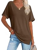 ATHMILE Womens Summer Beach Plus Size Short Sleeve V Neck Shirts Side Split Summer Tunic Tops Loose Fit Brown XXL